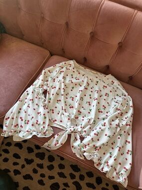 Altar'd State White Cherry-Print Tie Front Top